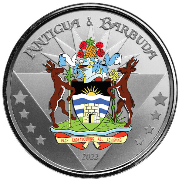 2022 Scottsdale Mint Ec8 Antigua And Barbuda Coat Of Arms 1 Oz Silver Proof Color Coin 02