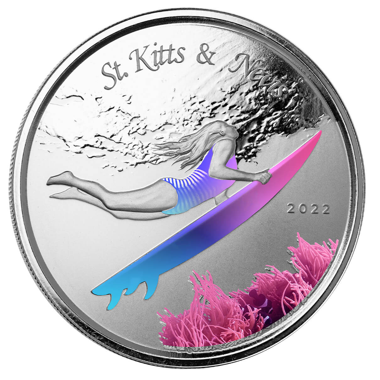 2022 Scottsdale Mint Ec8 St Kitts And Nevis Underwater Surfer 1 Oz Silver Proof Color Coin 04